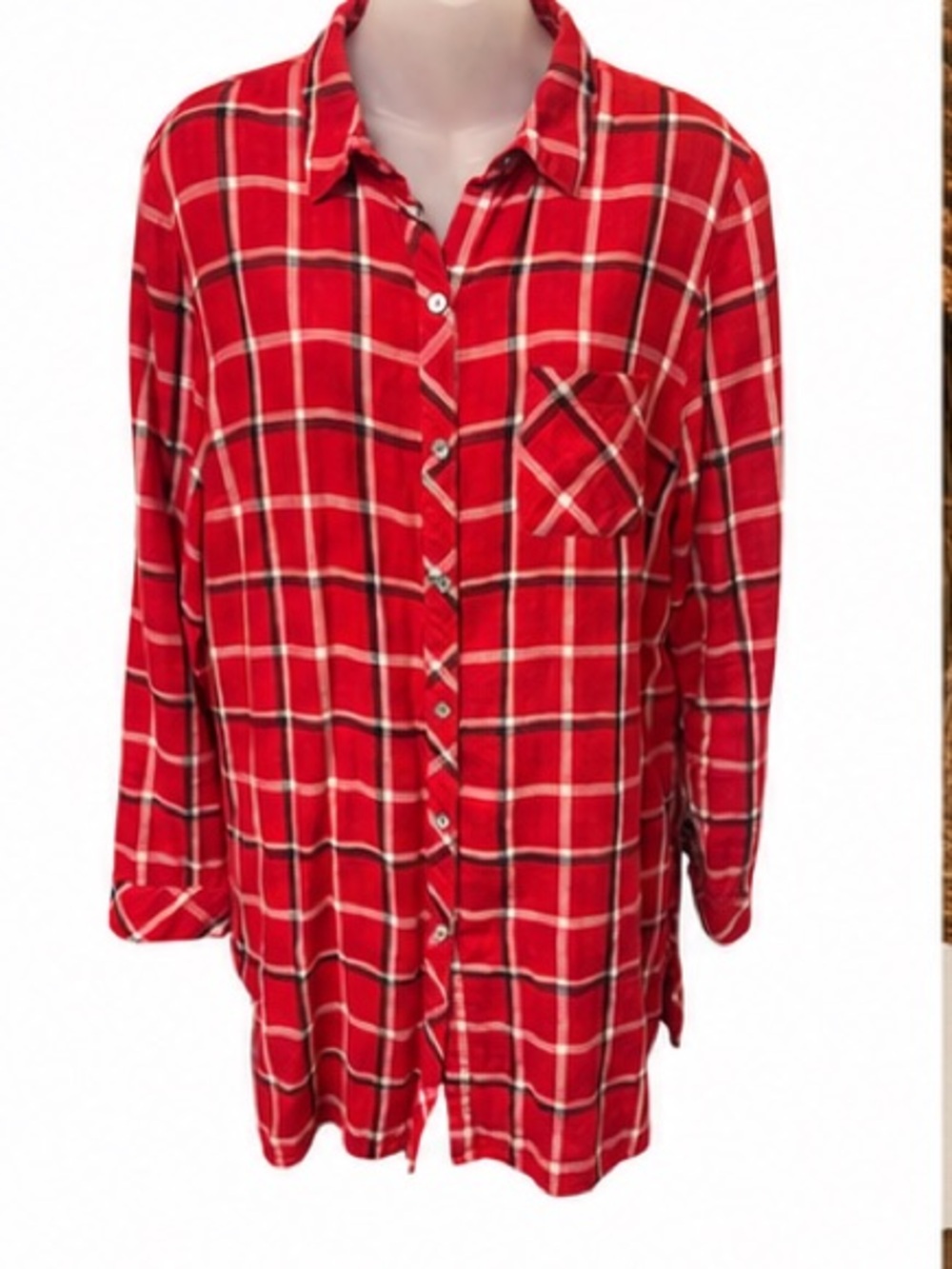J. Jill Large Red Plaid 100% Cotton Button Front Tunic Shirt Long Sleeve Flannel - Picture 4 of 8